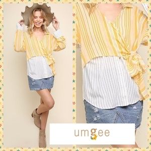 Umgee Faux Layered Button Up Wrap Top W/Side Ties